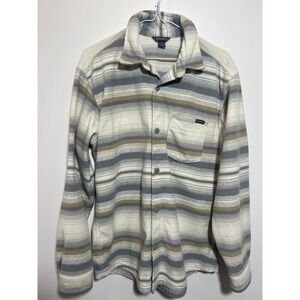 Eddie Bauer Mens Fleece Button Up Shirt Gray Striped Long Sleeve Pocket Medium